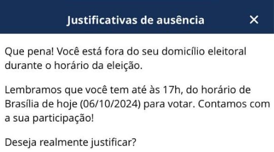 Print de tela mostrando a página de justificativa no aplicativo, com mensagem informando que o e...