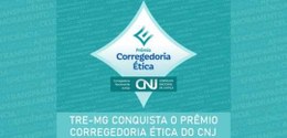 Imagem com fundo azul com losango branco com inscrição TRE-MG conquista o Prêmio de Corregedoria...