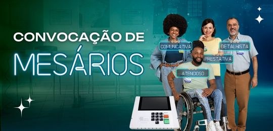 Banner com fundo verde escuro, imagem de uma urna eletrônica e foto de quatro pessoas com caract...